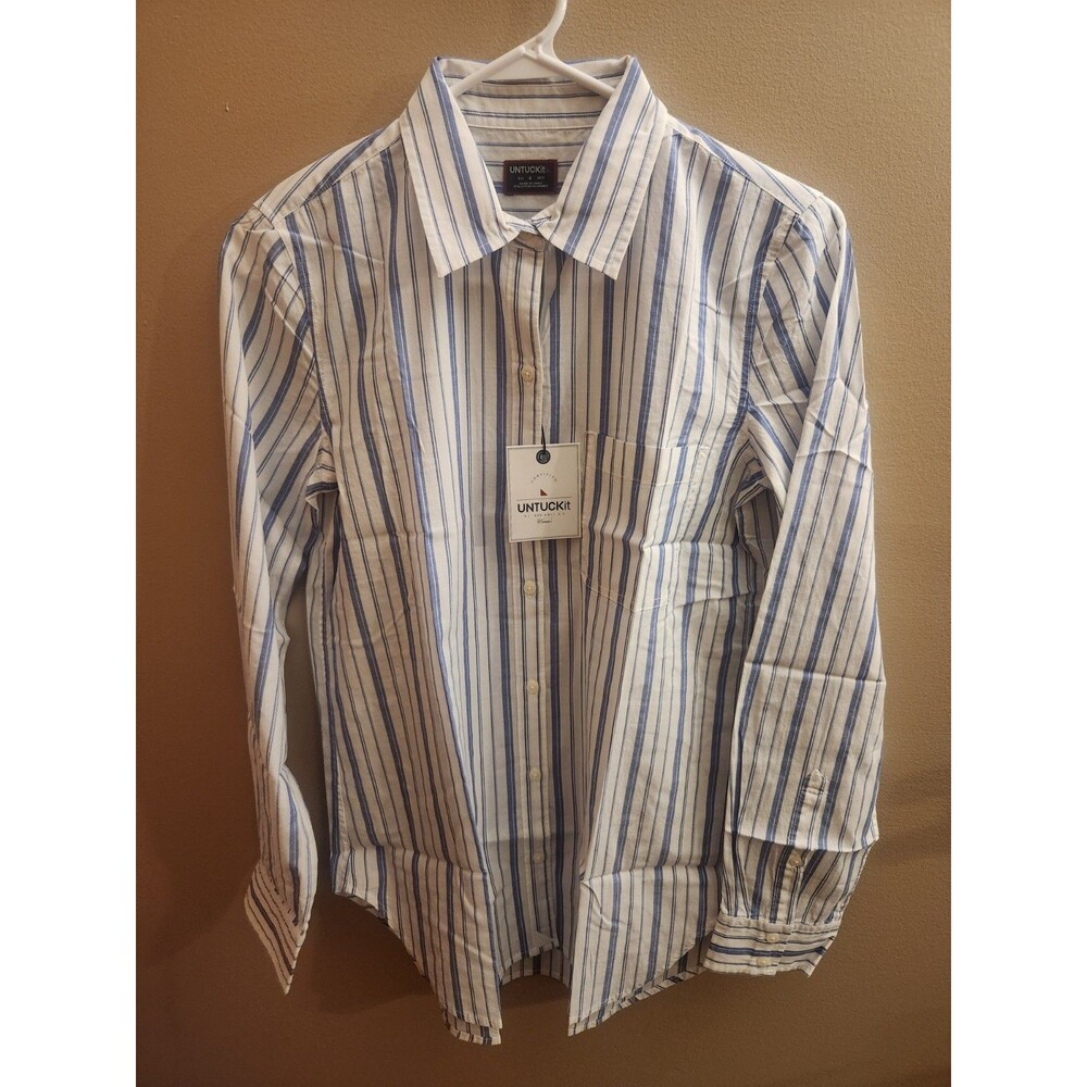 UNTUCKit Pinot Perse Blue White Striped Button Down Shirt Size 4 NEW